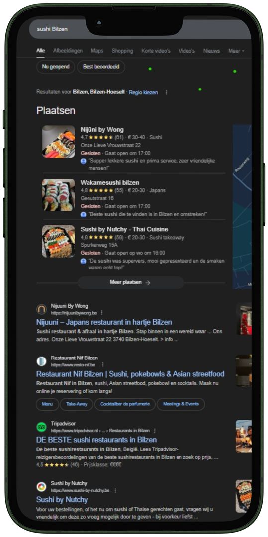Resultados de búsqueda de NIF Sushi Bilzen en posición 2 de Google